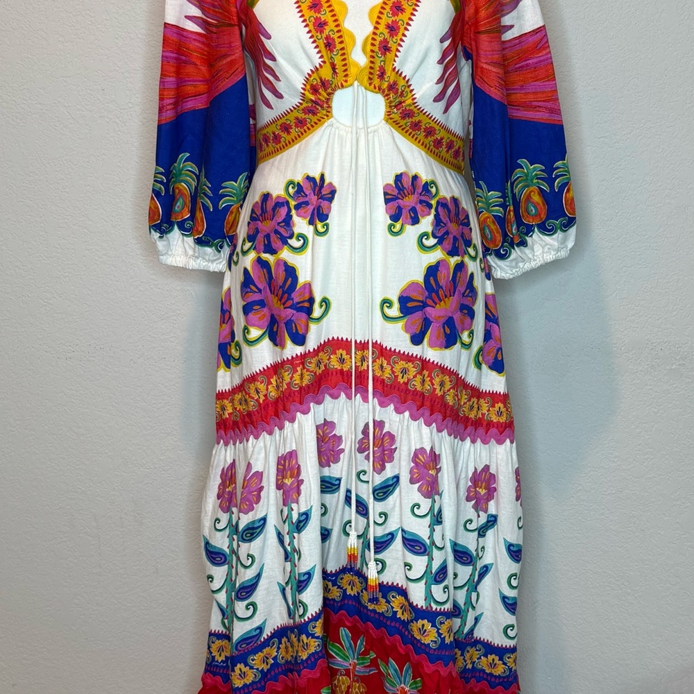 FARM Rio Vivid Garden Maxi Dress Floral Parrot Pineapple Off-White Sz XS